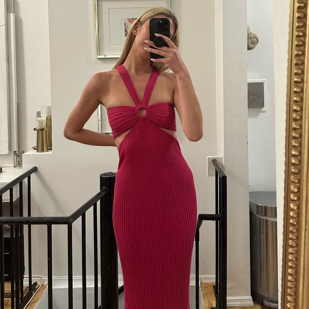ba&sh Fuchsia Ribbed Cutout Halter Midi Dress NWT